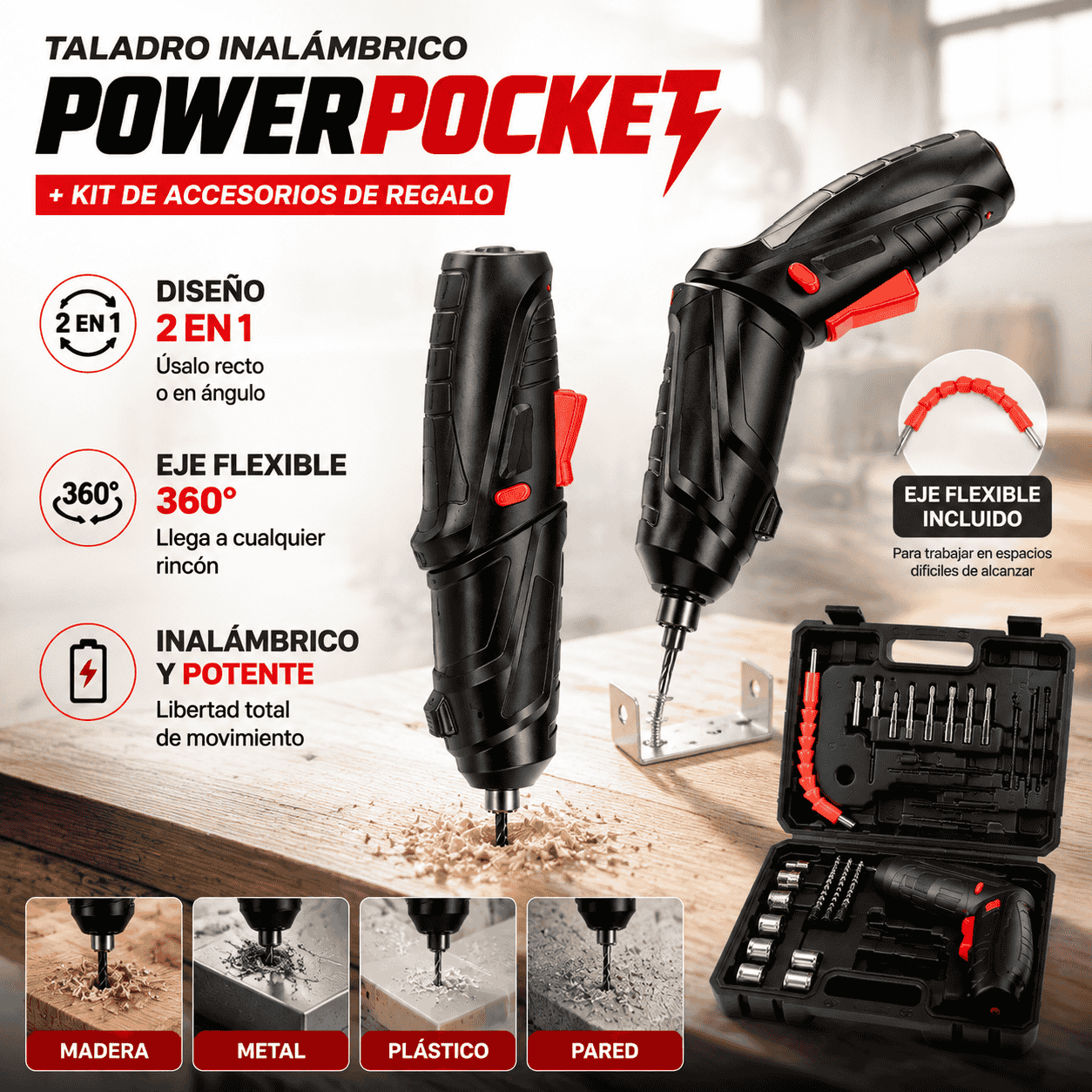 Taladro Inalámbrico PowerPocket  + Kit de Accesorios de Regalo
